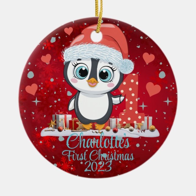 Adorno De Cerámica El primer rojo navideño del bebé pingüino (Frente)