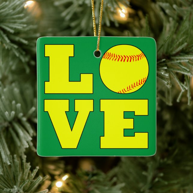 Adorno De Cerámica El Softbol rojo y verde ama a los Navidades revers (Árbol)