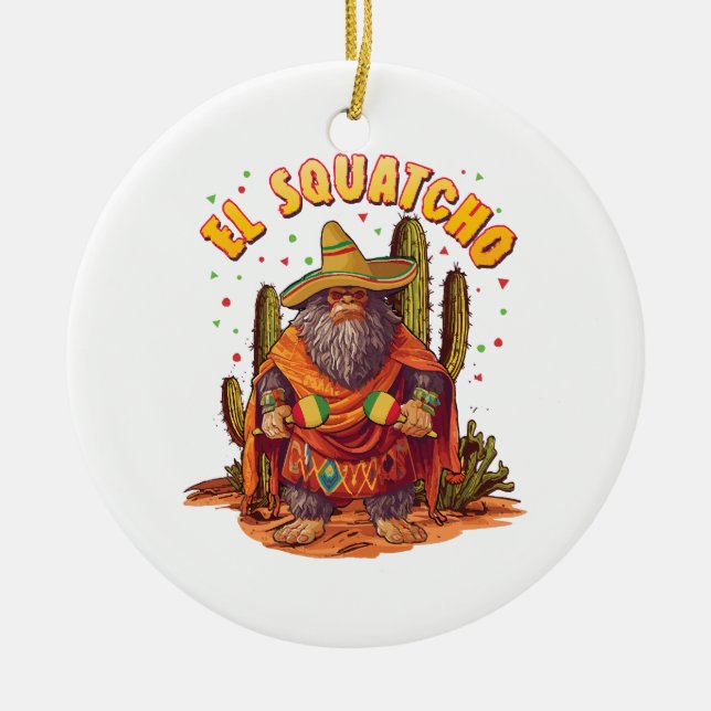 Adorno De Cerámica El Squatcho Bigfoot con Maraca, Sombrero y Ponc (Frente)