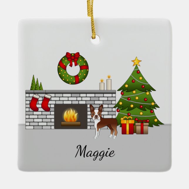 Adorno De Cerámica El Terrier Rojo De Boston En Una Sala De Navidades (Anverso)