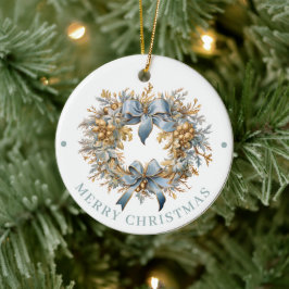 Adorno De Cerámica Elaborada Corona de Navidad en azul y dorado Feliz