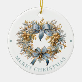 Adorno De Cerámica Elaborada Corona de Navidad en azul y dorado Feliz