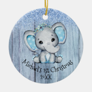 Adorno De Cerámica Elefante bebé azul lindo 1er Navidad