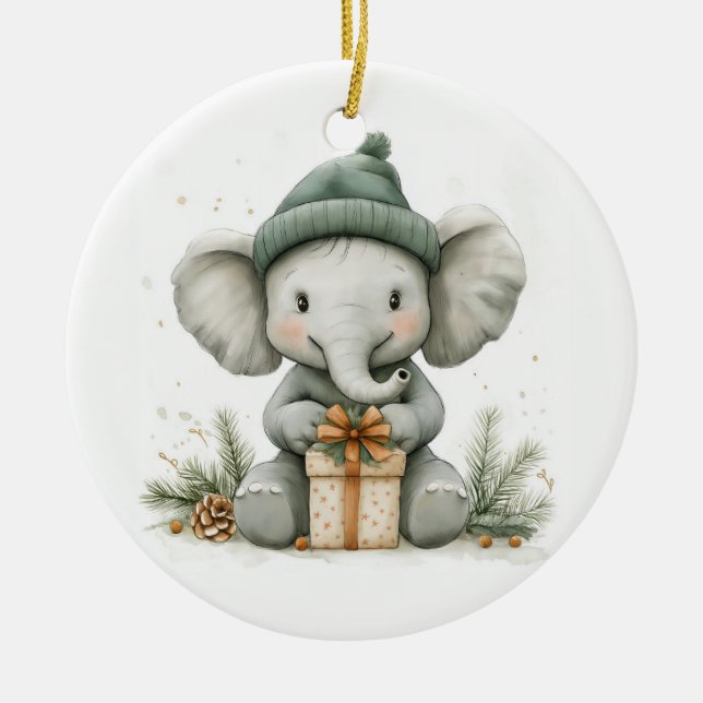 Adorno De Cerámica Elefante bebé de la serie de Navidades de animales (Frente)