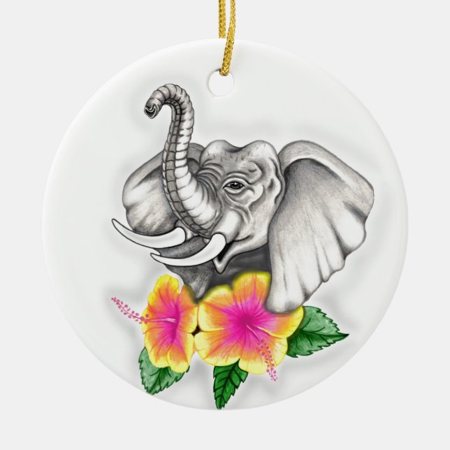 Adorno De Cerámica Elefante con Hibiscus Design (Frente)