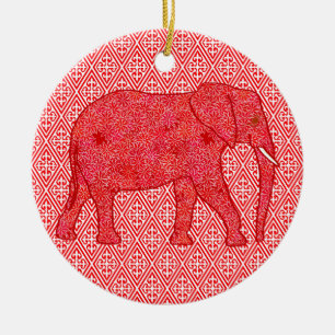 Adorno De Cerámica elefante de flores - rojo profundo y coral