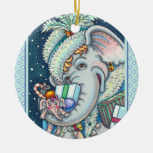 ADORNO DE CERÁMICA ELEFANTE DE NAVIDAD, TROMPA LLENA DE REGALOS Y ALE