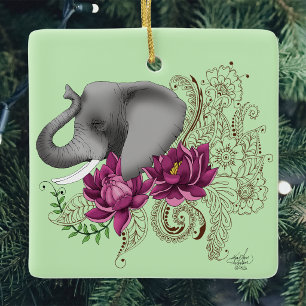 Adorno De Cerámica Elefante Floral Rosa Loto Henna Mandala Verde