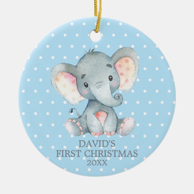 Adorno De Cerámica Elefante lindo niño bebé primera Navidad Azul (Frente)