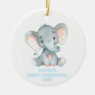 Adorno De Cerámica Elefante lindo niño bebé primera Navidad Azul