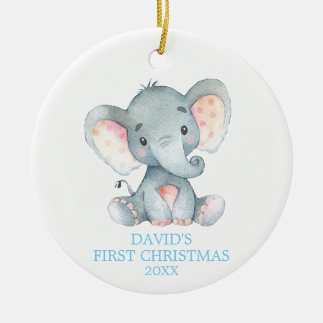 Adorno De Cerámica Elefante lindo niño bebé primera Navidad Azul (Frente)