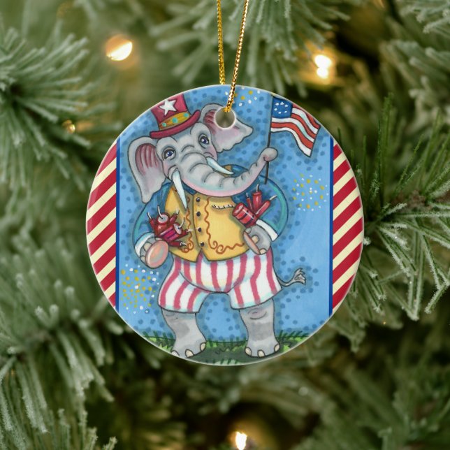 ADORNO DE CERÁMICA ELEFANTE PATRIÓTICO CUIDADO ONDEANDO LA BANDERA ES (Árbol)