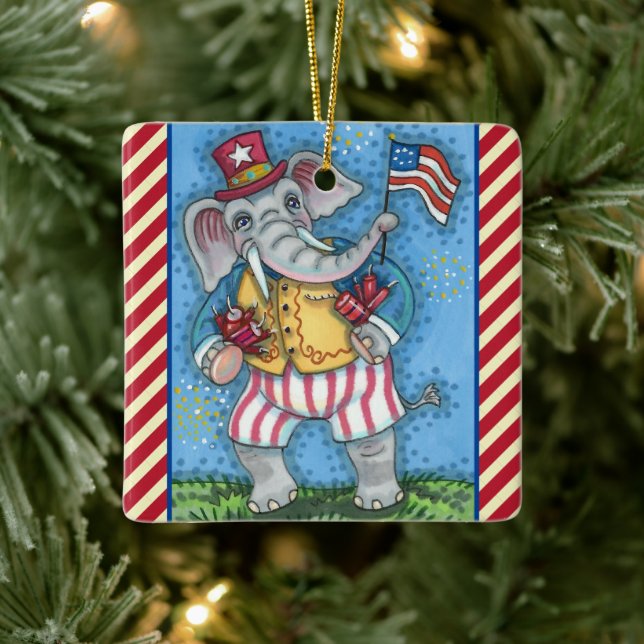 ADORNO DE CERÁMICA ELEFANTE PATRIÓTICO CUIDADO ONDEANDO LA BANDERA ES (Árbol)