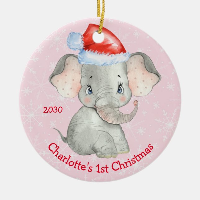 Adorno De Cerámica Elefante Personalizado Primer Navidades Niña Rosa (Frente)