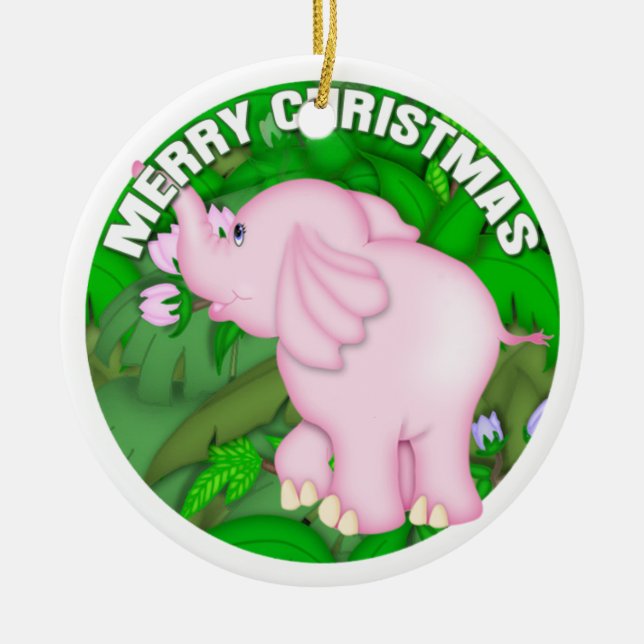 Adorno De Cerámica Elefante rosado de las Felices Navidad (Frente)