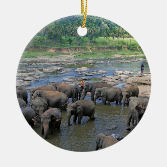 Adorno De Cerámica Elefantes bañándose en el río Sri Lanka (Frente)