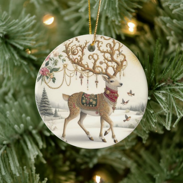Adorno De Cerámica Elegancia barroca: reno en la nieve (Árbol)