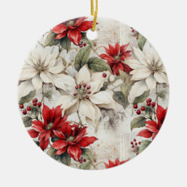 Adorno De Cerámica Elegancia de poinsettia blanca y roja besada por n