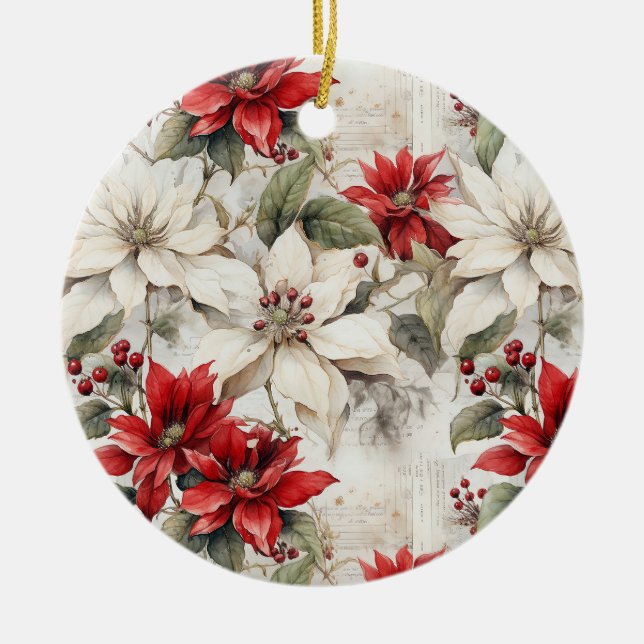 Adorno De Cerámica Elegancia de poinsettia blanca y roja besada por n (Frente)
