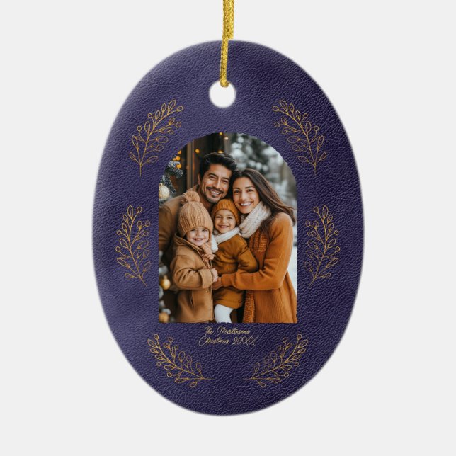Adorno De Cerámica Elegant Arch Family Photo Leaves Blue Christmas (Frente)