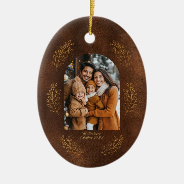 Adorno De Cerámica Elegant Arch Family Photo Leaves Brown Christmas (Frente)