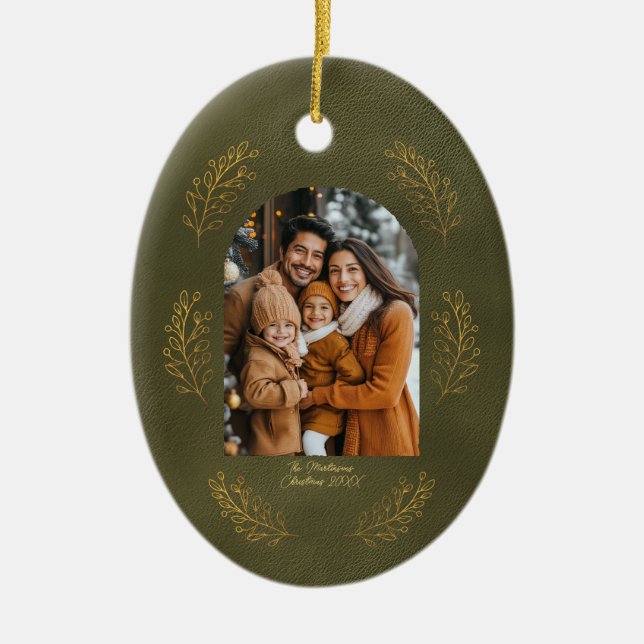 Adorno De Cerámica Elegant Arch Family Photo Leaves Green Christmas (Frente)