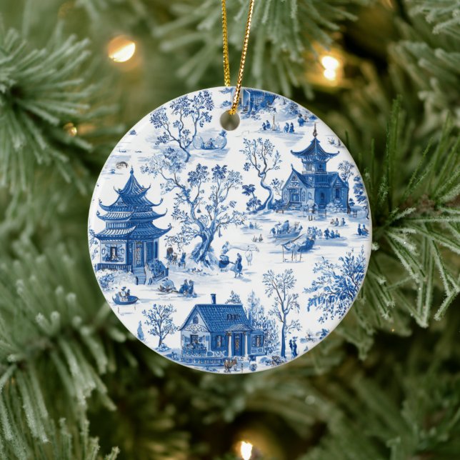 Adorno De Cerámica Elegant Blue & White Chinoiserie Design Ornament (Árbol)