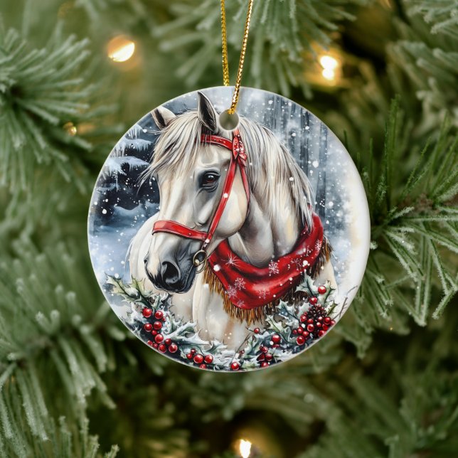 Adorno De Cerámica Elegant Christmas Horse with Winter Wreath  (Árbol)