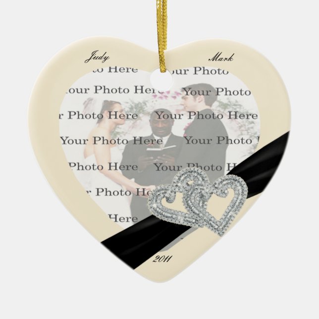 Adorno De Cerámica Elegant Diamond Black Ribbon Heart Ornament (Frente)
