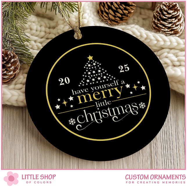 Adorno De Cerámica Elegant Gold Black Merry Little Christmas Photo (Subido por el creador)