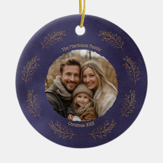 Adorno De Cerámica Elegant Gold Branches Family Photo Christmas Blue (Frente)