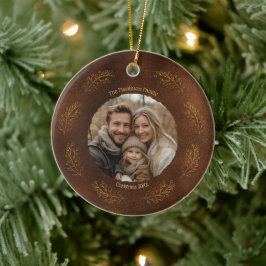 Adorno De Cerámica Elegant Gold Branches Family Photo Christmas Brown