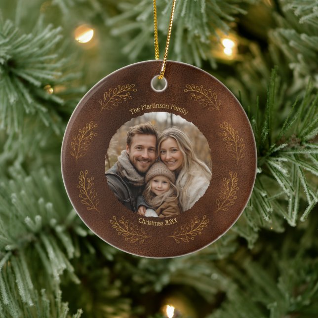 Adorno De Cerámica Elegant Gold Branches Family Photo Christmas Brown (Árbol)