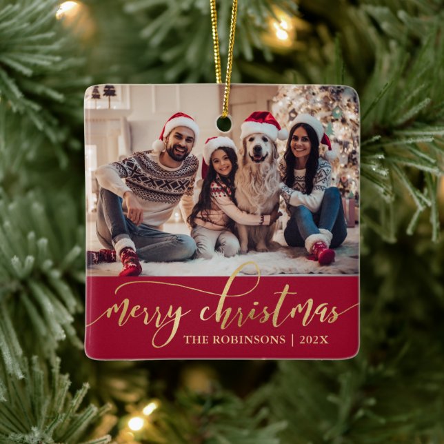 Adorno De Cerámica Elegant Gold Merry Christmas Script Photo Red  (Árbol)