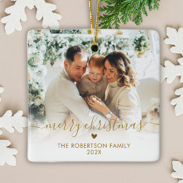 Adorno De Cerámica Elegant Gold Script Family Photo Merry Christmas