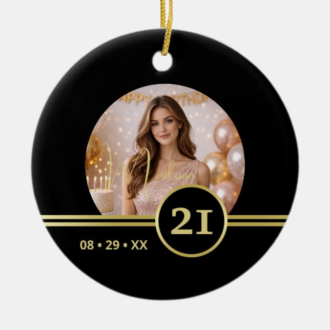 Adorno De Cerámica Elegant Gold Signature Monogram with Photo (Frente)