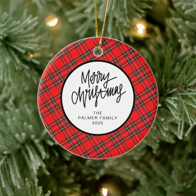 Adorno De Cerámica Elegant Modern Red Plaid Christmas Family Photo (Árbol)