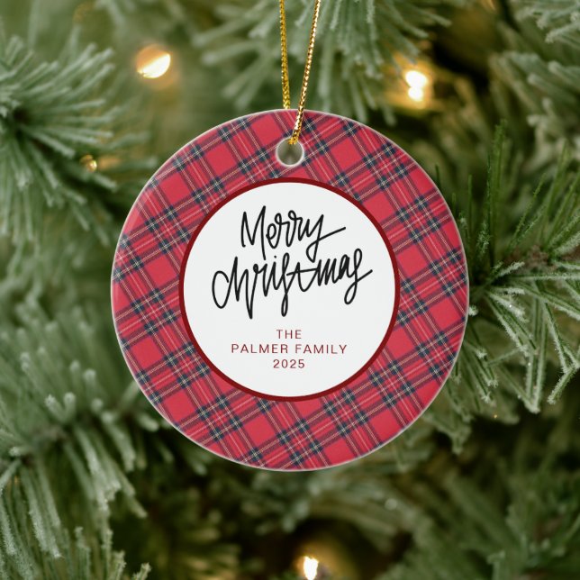 Adorno De Cerámica Elegant Modern Red Plaid Christmas Family Photo (Árbol)