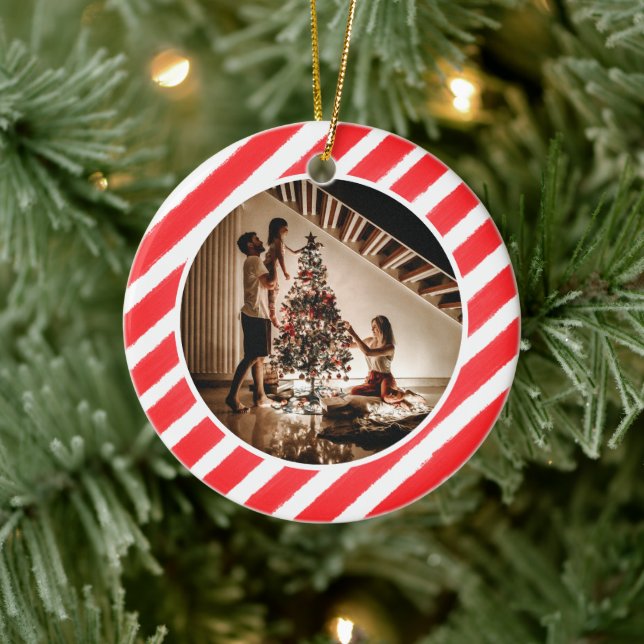 Adorno De Cerámica Elegant Modern Red Stripes Christmas Family Photo (Árbol)
