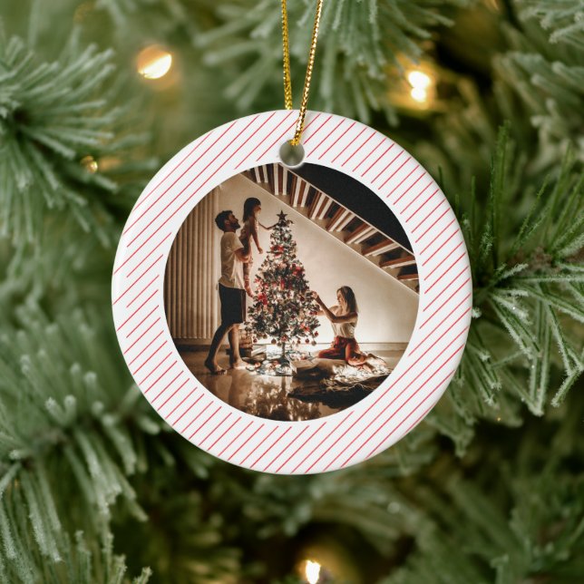 Adorno De Cerámica Elegant Modern Red Stripes Christmas Family Photo (Árbol)