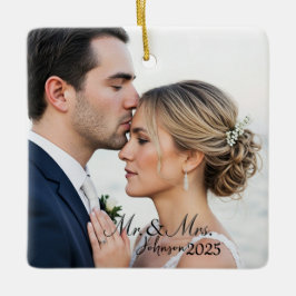 Adorno De Cerámica Elegant Mr. & Mrs. Custom Wedding Photo Monogram