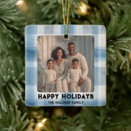 Adorno De Cerámica Elegant Photo Blue Plaid Christmas Ornament 