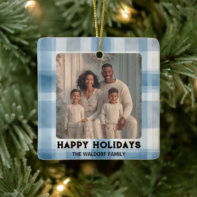 Adorno De Cerámica Elegant Photo Blue Plaid Christmas Ornament  (Árbol)