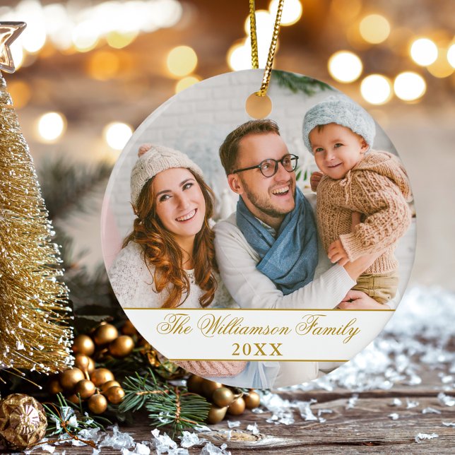 Adorno De Cerámica Elegant Script 2 Sided Photo Christmas Gold (Customize text size, style or color.)