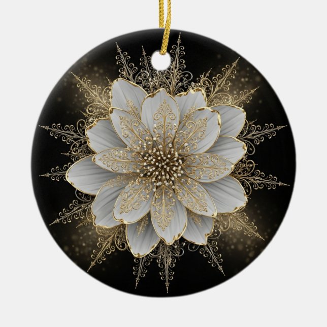 Adorno De Cerámica Elegant White & Gold Floral Ornament (Frente)