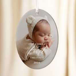 Adorno De Cerámica Elegant White Script Baby's First Christmas Photo 