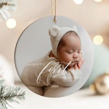 Elegant White Script Baby's First Christmas Photo