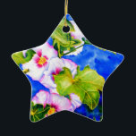 Adorno De Cerámica Elegante acuarela flores florales rosas Hollyhocks<br><div class="desc">hollyhock romántico original con una pequeña pintura acuarela de abejas con burbujas de H Cooper</div>