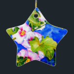 Adorno De Cerámica Elegante acuarela flores florales rosas Hollyhocks<br><div class="desc">hollyhock romántico original con una pequeña pintura acuarela de abejas con burbujas de H Cooper</div>