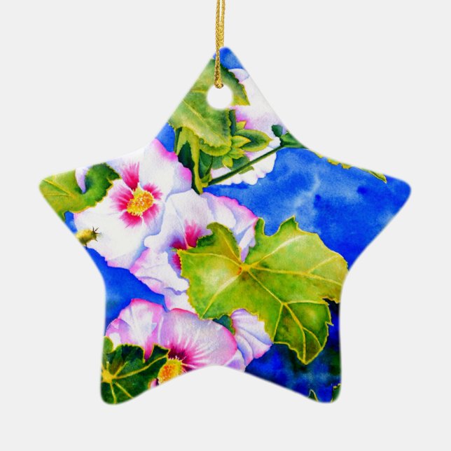 Adorno De Cerámica Elegante acuarela flores florales rosas Hollyhocks (Frente)